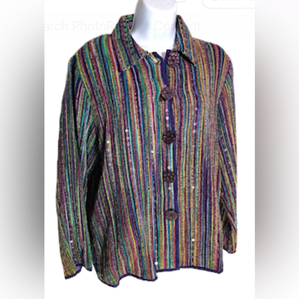 RAVIYA - Women’s Purple Multicolored Stripe Button‎ Front Blazer - Size M